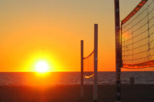 Beach volleyball courts at sunset